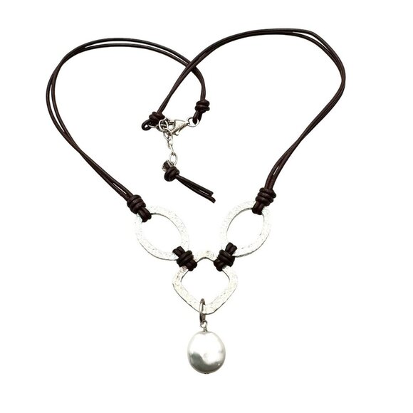 Silpada 925 Sterling Silver Handmade Pearl brown Leather Necklace N1257 Retired - Picture 3 of 3